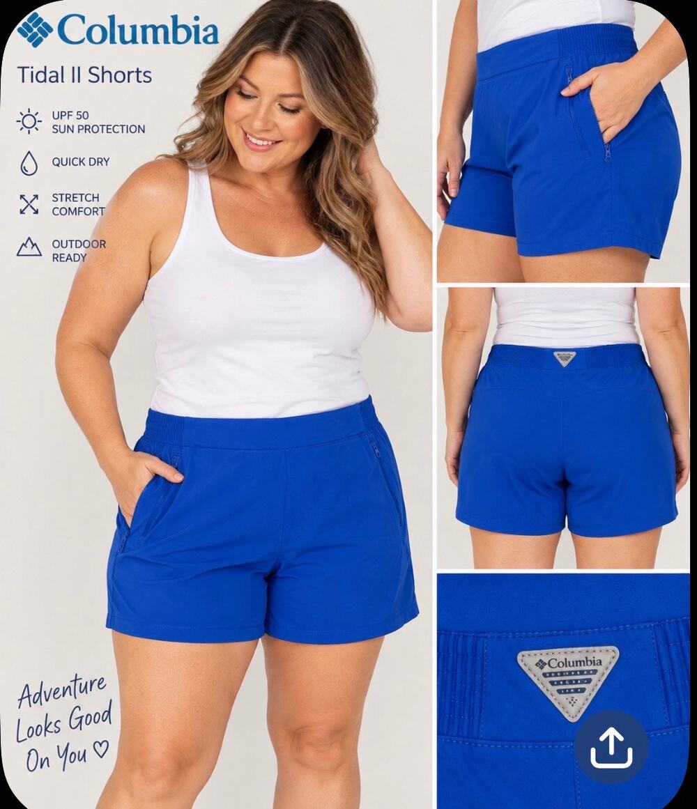 Columbia Tidal II Women’s 1X Blue UPF 50 5” Shorts Zip Pockets